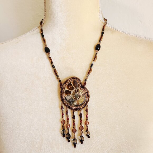 Fossilized Ammonite Shell Handmade Seed Beaded Boho Tribal Fringe Necklace - Picture 1 of 5